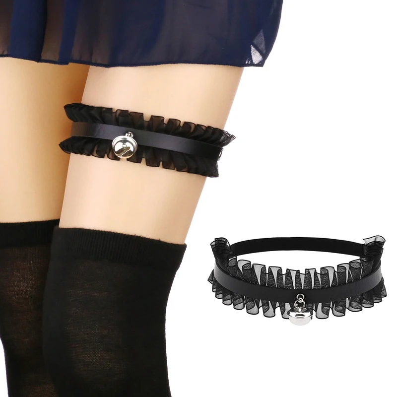 

Sexy pu leather bell Leg chain Punk Lace garter sock Harness black Adjustable Bondage Harness Rock goth Leg Ring Popular