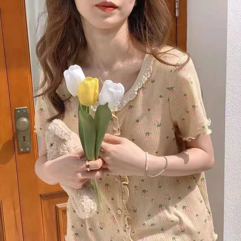 QWEEK Women's Summer Suit Floral Lace Trim Pajamas Korean Fashion Home Clothes Pijamas Sleepwear Cute Pink Yellow Blue Pyjamas