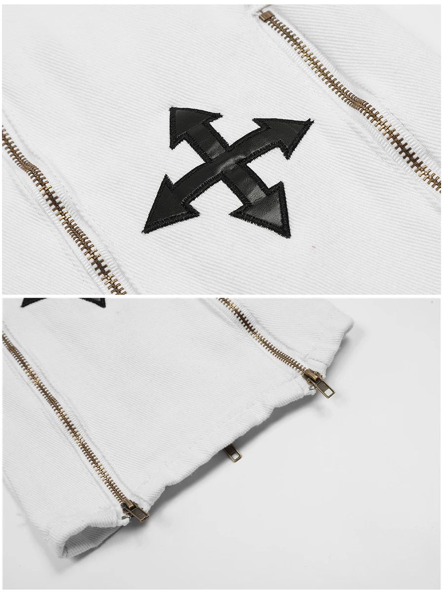 Four Seasons Men Jeans High Street Post Leather Cross Embroidery Wide Leg Pants Street Hip Hop Loose Zipper Slit Wide Leg Pants