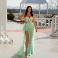 mint green tulle tiered prom dresses lace see through top sexy high split evening gowns saudi arabic sweep train party robe