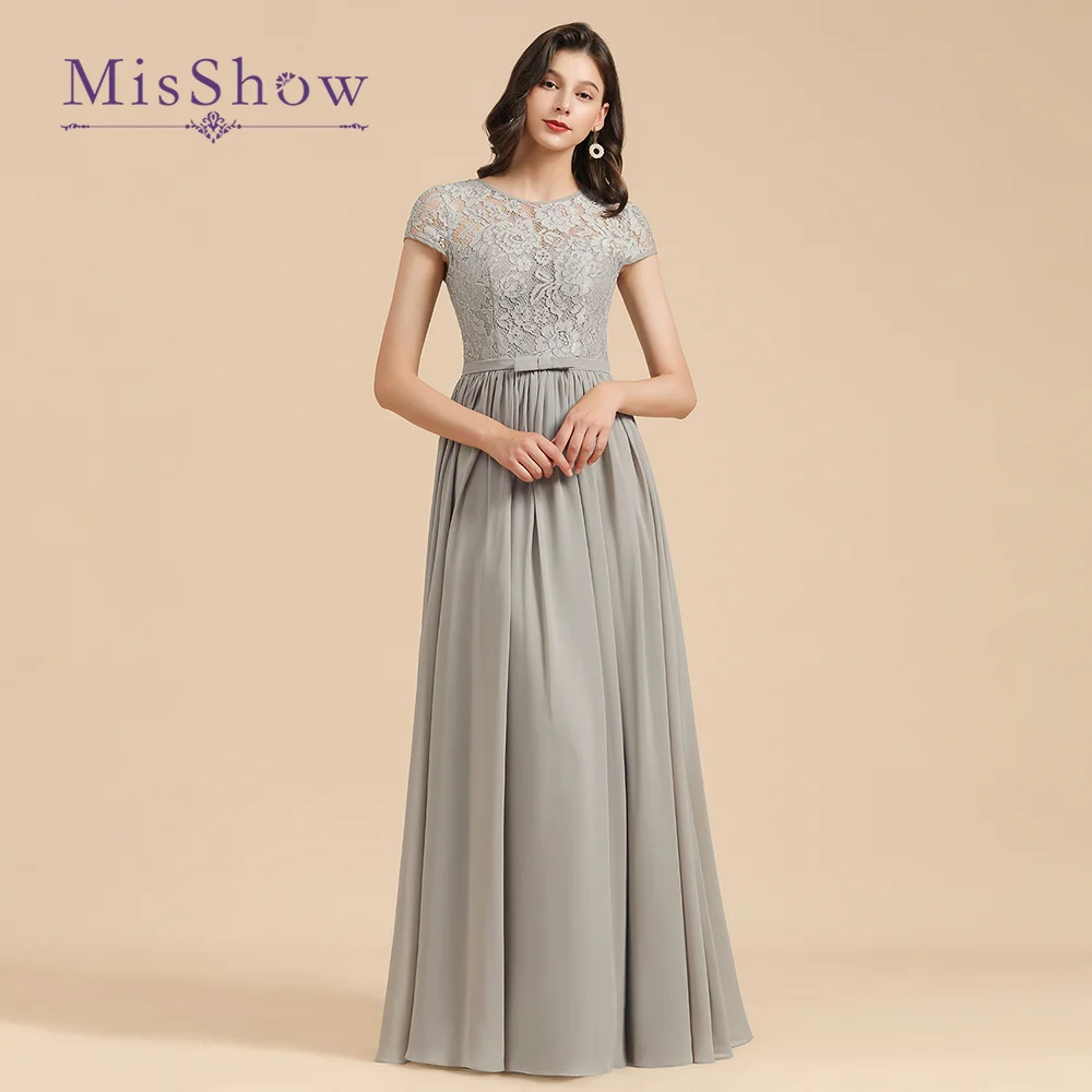 MisShow Custom Silver Grey Bridesmaid Dresses Modest Long Chiffon Multi-Layer Wedding Party Evening Gowns Lace Robe De Soiree