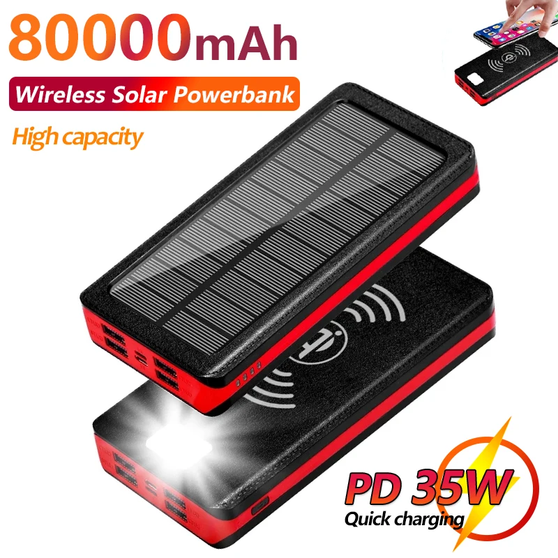 

Беспроводное зарядное устройство 80000 мАч, внешний аккумулятор на солнечной батарее, быстрое зарядное устройство большой емкости, 4 USB-порта, ...