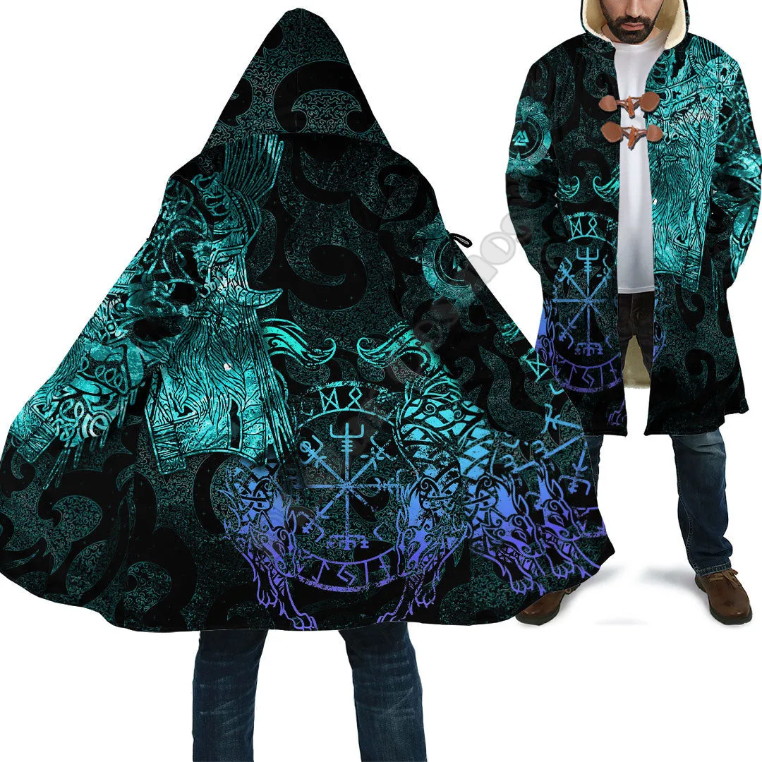 Viking Odin Tattoo Version Cloak 3D All Over Printed Winter Hooded Cloaks Fleece Wind Breaker Unisex Warm Overcoat