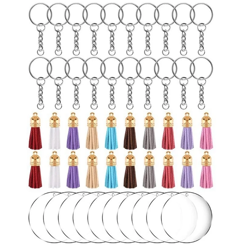 

Acrylic Clear Circle Discs Keychain Set Round Acrylic Keychain Blank Leather Tassel Pendant Jump Rings For DIY