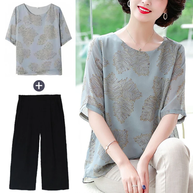 

Fashion Woman Summer Chiffon Print Top and Ankle-length Pants Suits Female Short-Sleeved Two-Piece Sets Fashion Outfits G121
