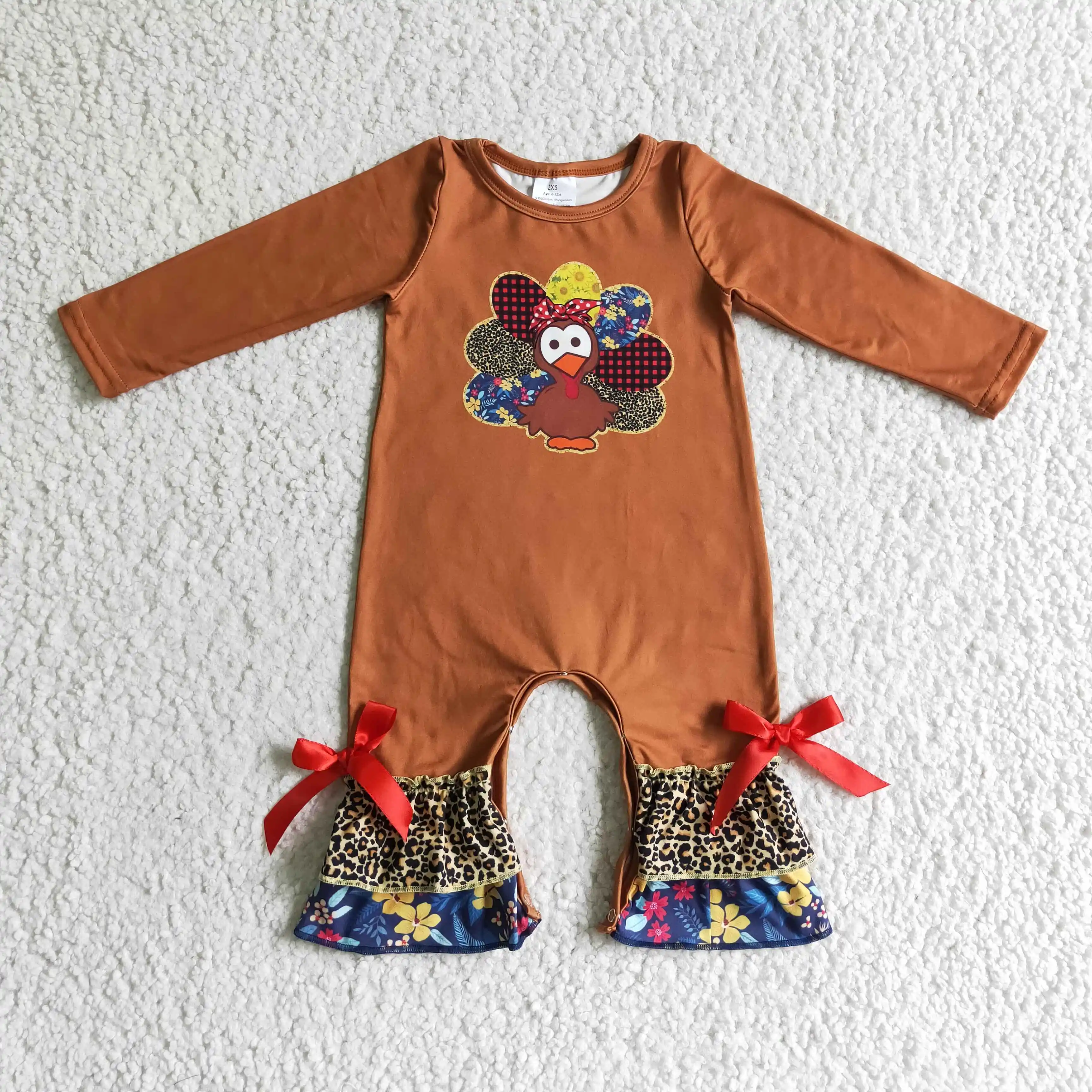 

LR0171 baby girls brown long sleeve romper thanksgiving day infants turkey jumpsuit