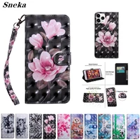 3d painted leather case for iphone 13 12 11 pro max cute pattern cover xs xr x se 2022 6s 7 8 plus flip wallet case with lanyard