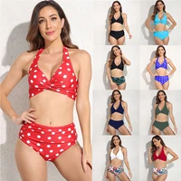 bikini v neck split 2pcs style hot sexy swimming womens halter self tie ruched high waist two piece set swimsuits