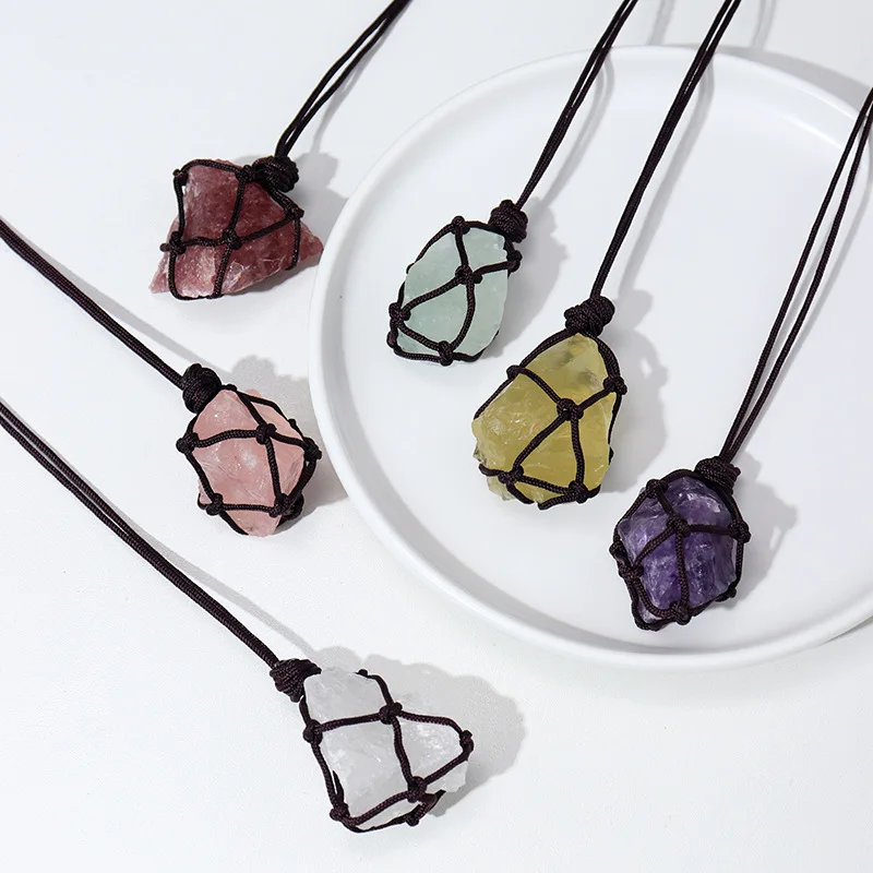 

Natural Crystal Quartz Raw Net Pocket Pendant Crystal Necklace Healing Stone Reiki Hangings Craft with Weave Rope Jewelry Choker