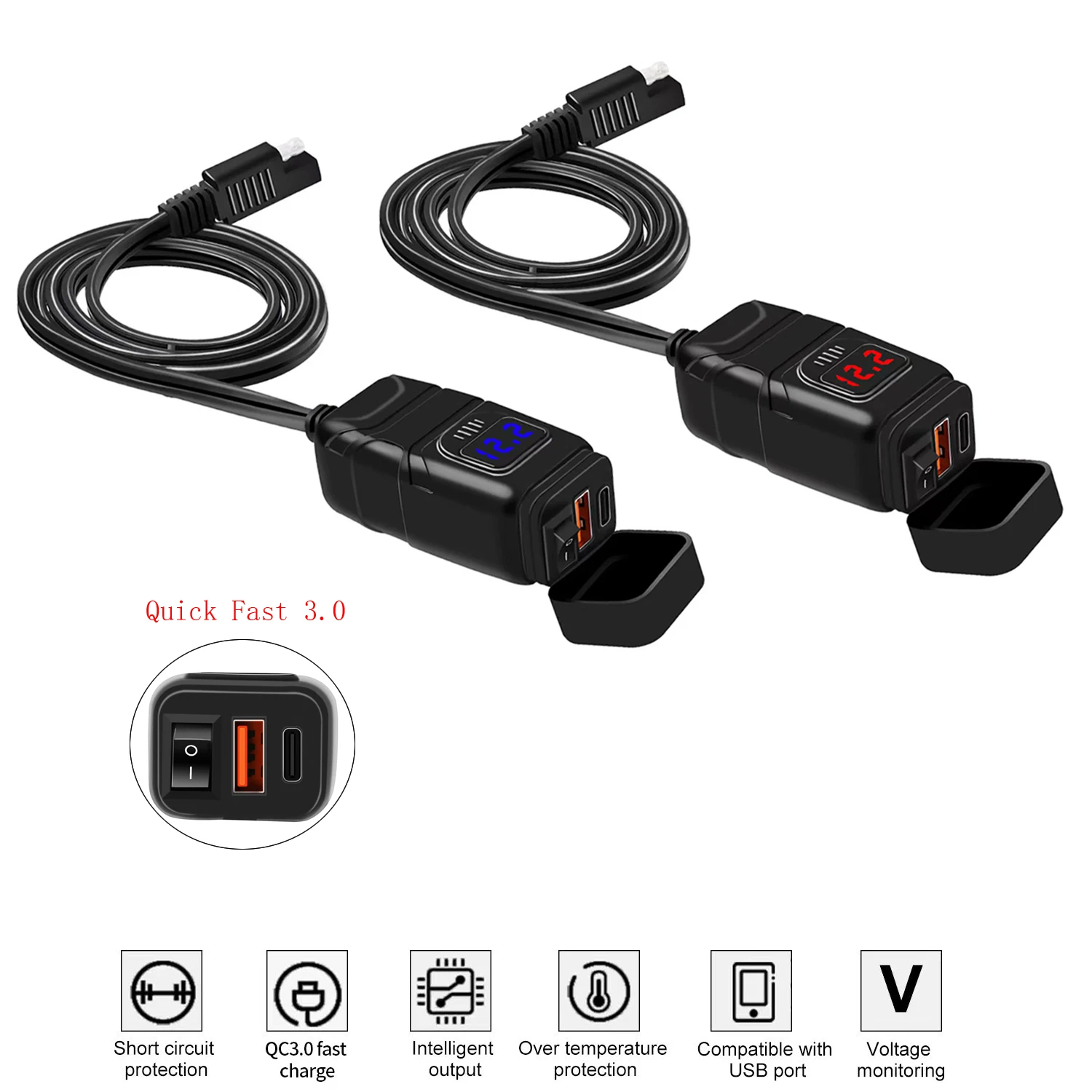 

QC3.0 Motorcycle USB Charger Handlebar Fast Charging Waterproof 12V Socket Adapter With Voltmeter Motorcycle Accessories