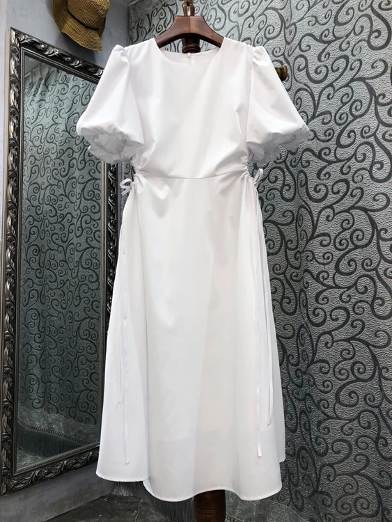 

2022 new women fashion bubble short sleeve round neck open waist drawstring sexy slim midi dress 527