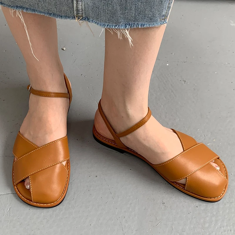 

Fashion Female Sandals Gladiator 2022 Pu Leather Shoe Open Round Toe Summer Flats Casual Outside New Ladies Shoes For Women