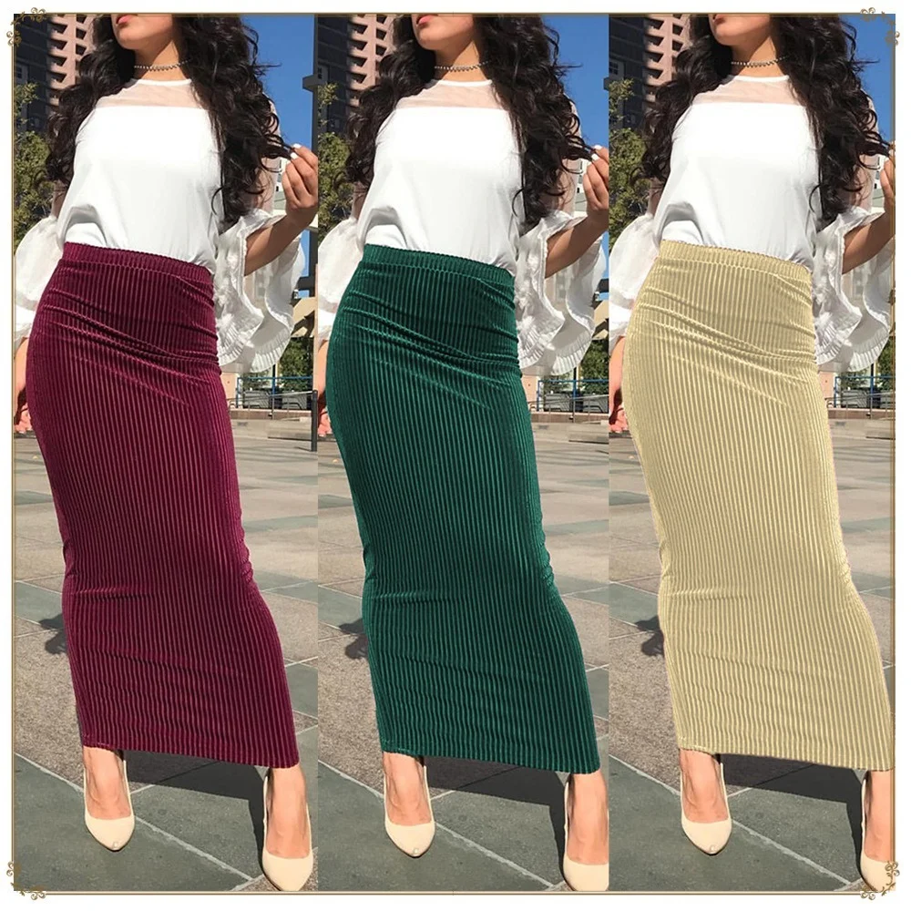 Striped Elastic Knitted Bag Hip Ankle Length Women's Summer Long Skirt Muslim  Modest  Turkish Clothes  Baya  Islamic Clothing