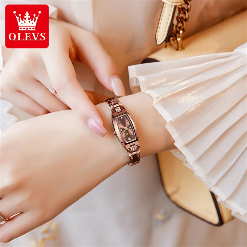 OLEVS Rose Gold Women Watches Luxury Dress Quartz Ladies Wrist Watch Small Tungsten Steel Watches Bracelets For Female Gift