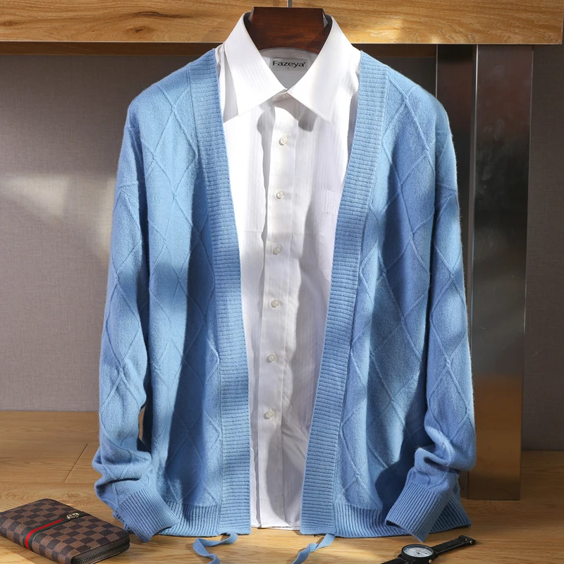 100%  Wool Cardigan Men's V-Neck Knitted Top Coat Autumn and Winter New Loose Cashmere Jacket Fashion Luxury