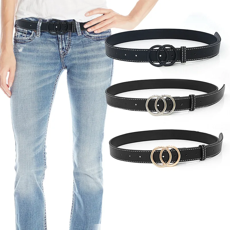 

New Fashion Ladies Large Double Ring Metal Buckle Belt Vintage Fashion Leather Belt for Women korean fashion Wide Waist Belts