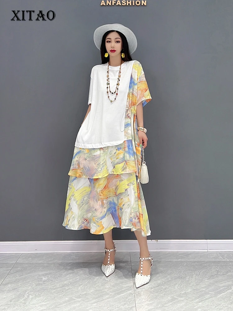 

XITAO Contrast Color Patchwork Dress Asymmetrical Splicing Decorate Loose Fashion Draw String Folds Summer New Women WMD6909