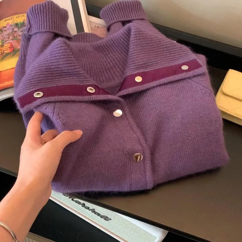 2024 фиолетовые женские однобортные вязаные толстые свободные свитера куртка