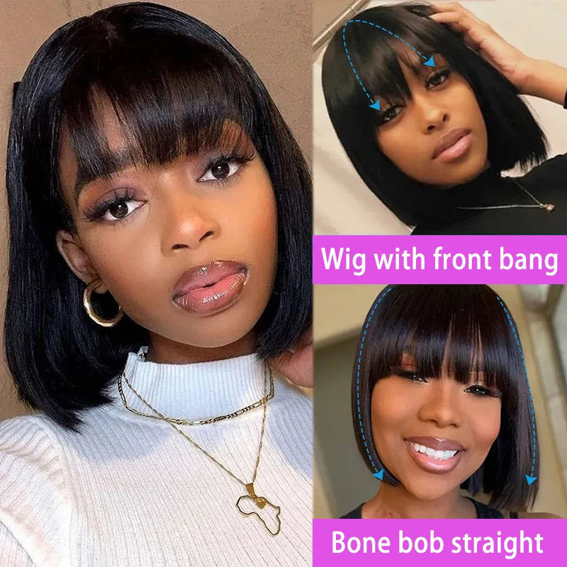 

Glueless Fringe Wig Brazilian Cheap Short Straight Bob Human Hair Wigs With Bangs Full Machine Made Wigs For Black Women