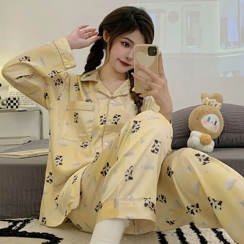 Pajama Woman 2023 Spring/Summer Explosive Long Sleeve Ice Snow Silky Pajamas Women's Cardigan Home Wear Set