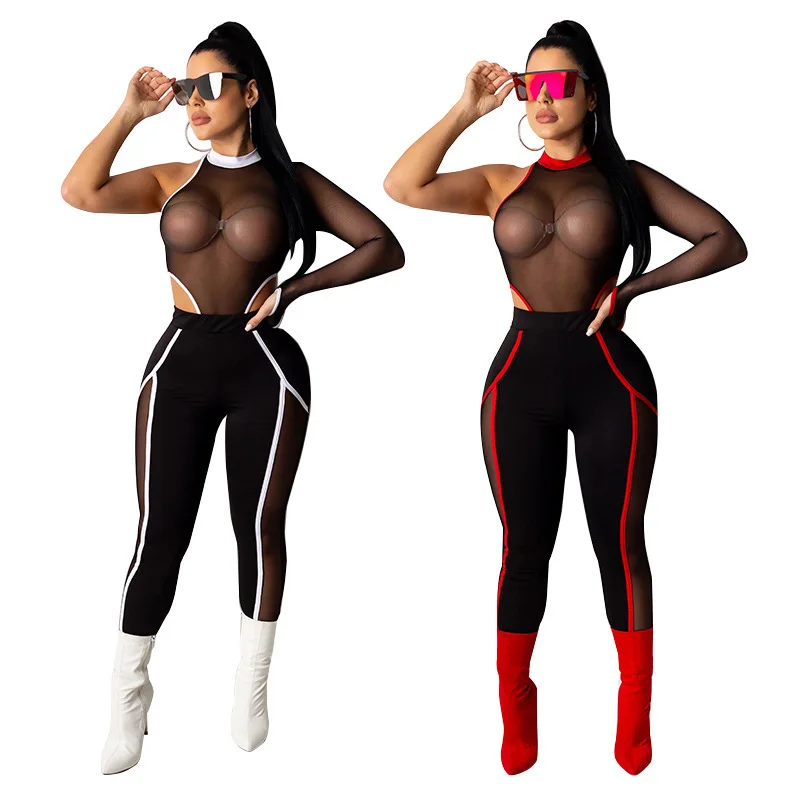 

Женский комплект из двух предметов, прозрачный боди и брюки, сексуальный комплект для фитнеса, женский спортивный костюм из двух предметов, ...