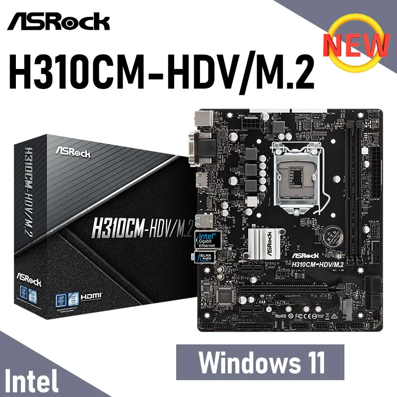 Материнская плата LGA 1151 ASRock H310CM-HDV/M.2 DDR4 32GB PCI-E 3.0 поддержка 8-го поколения i5 i7
