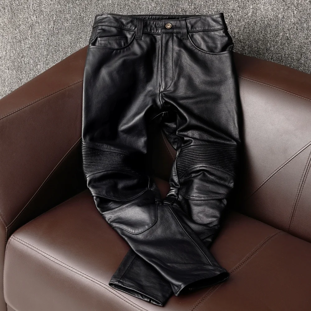 

New Quality Men Winter Nature Leather Pants Hip Hop Retro Cowhide Slim Joggers Pencil Male Motorcycle Biker Trousers