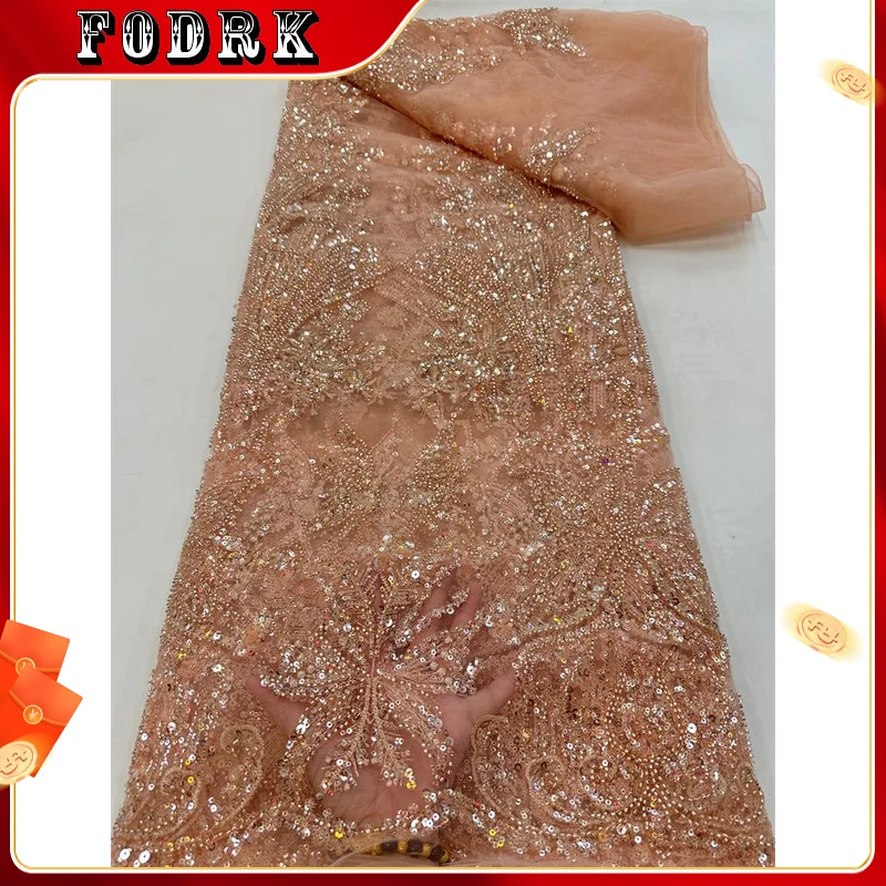 

2023 High Quality African Lace Fabric Sequins Mesh Lace Luxury Beads Embroidered Tulle Lace Fabric For Sewing Accessories