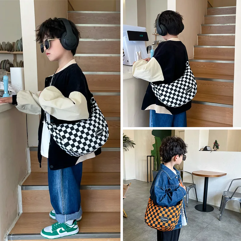 

KAFVNIE Nylon Crossbody Bag for children Casual Plaid children's messenger bag Student shoulder Bags fashion baby Purse Handbag