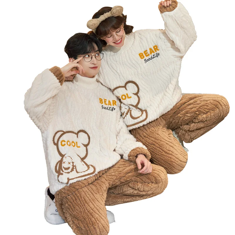 QUHENG Flannel Men's Pajama Pants Set Woman Winter Thick Warm Sleepwear for Couples Casual Loose Costumes Home Clothing Set