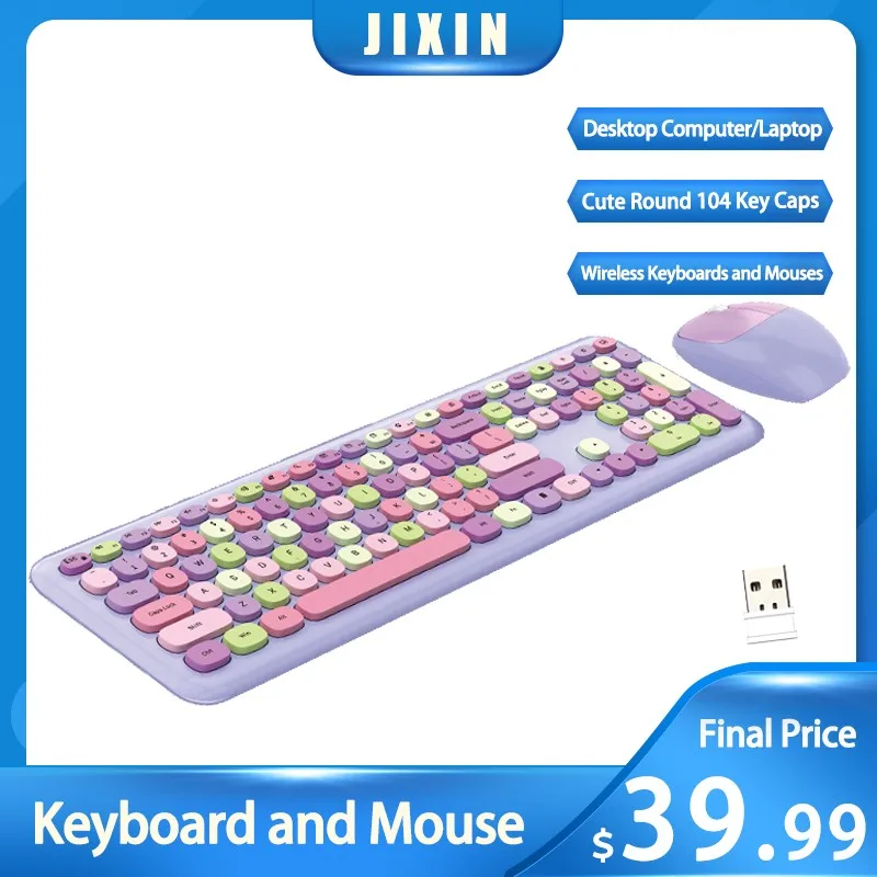 Cute Round 104 Key Caps Keyboards and Mouses Set Combo 2.4 GHz Wireless Keyboard Mouse Office Desktop Keypads for Computer | Компьютеры и