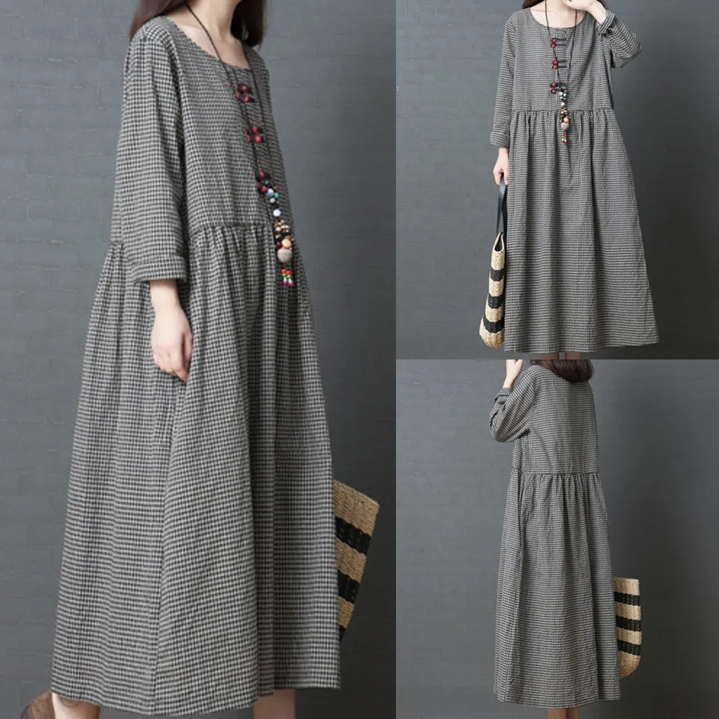

Long Women Big Long Style Dress Code Girl Japanese Sleeve Linen Dress Checked Winter Dress for Women Casual Sleeve Slit Dress