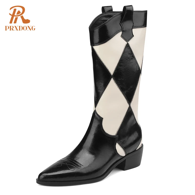 

PRXDONG INS New Brand Autumn Winter Warm Women's Shoes Med Square Heels Pointed Toe Black Brown Casual Knee High Boots Size 39