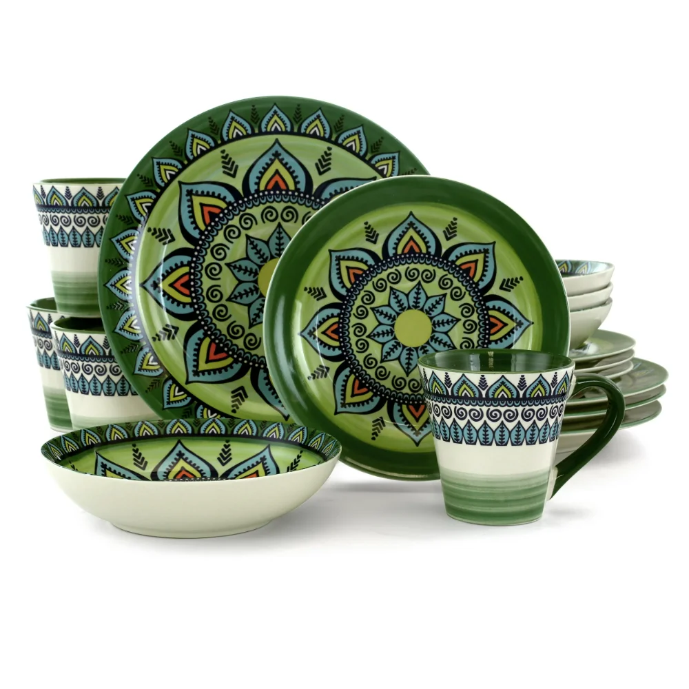 

Green Mozaki 16 Piece Round Stoneware Dinnerware Set Ceramic Tableware Set