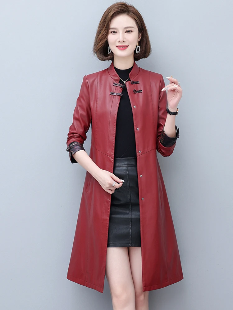 New Women Leather Trench Coat Spring Autumn Casual Fashion Stand Collar Slim Outerwear Split Leather Long Tops Coat Winter