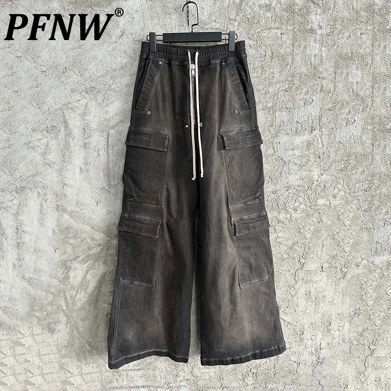 

PFNW Spring Autumn New Men's Vintage Jeans Worn Out Washed Darkwear Multi Pockets High Street Hip Hop Baggy Trend Pants 28A3346