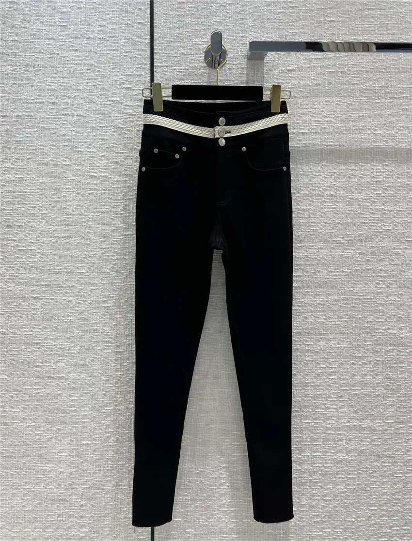 

Fashion Designer Trousers for Women Causel Contrast Color Ribbon Patchwork Pencil Pants Black