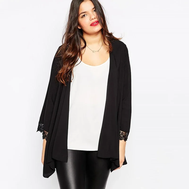 Женское кружевное кимоно в стиле пэчворк черное свободное с длинным рукавом