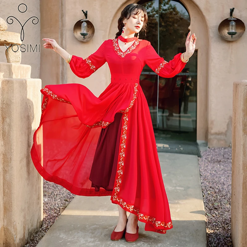 

YOSIMI 2022 Летнее Длинное Женское Платье макси с вышивкой красное шифоновое короткое спереди и длинное сзади с длинным рукавом Вечерние платья ...