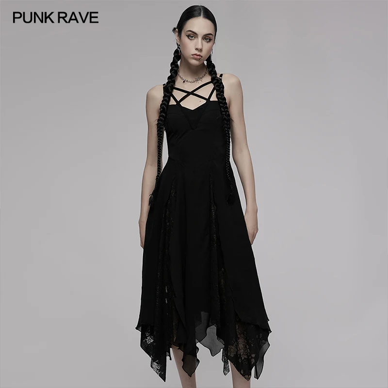 PUNK RAVE Women's Gothic Daily Dark Hollowed Out Cross Asymmetric Hem Dress Sexy Collect Waist Party Club Women Black Dress