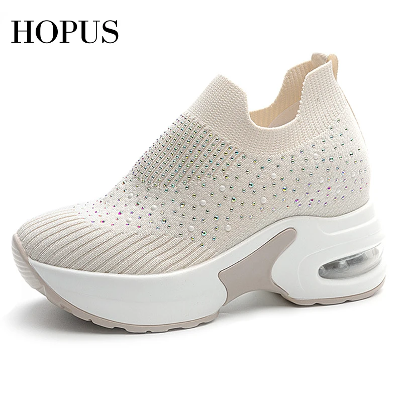 

HOPUS Shoes For Women 2023 New Trends Mesh Casual Increased Platform Sneakers Female Slip-on Vulcanized Shoes With Rhinestone