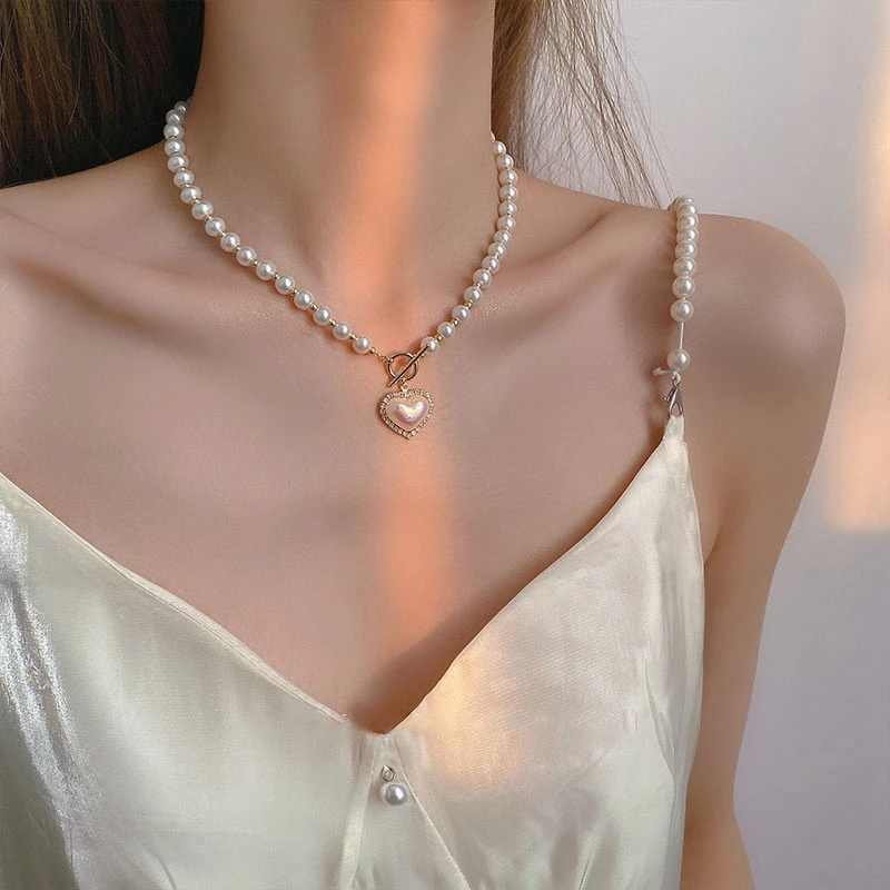 

Pearl Beads Necklace for Women Girls Rhinestone Shell Heart Pendent Fashion Korean Choker Jewelry Party Accessories Gifts