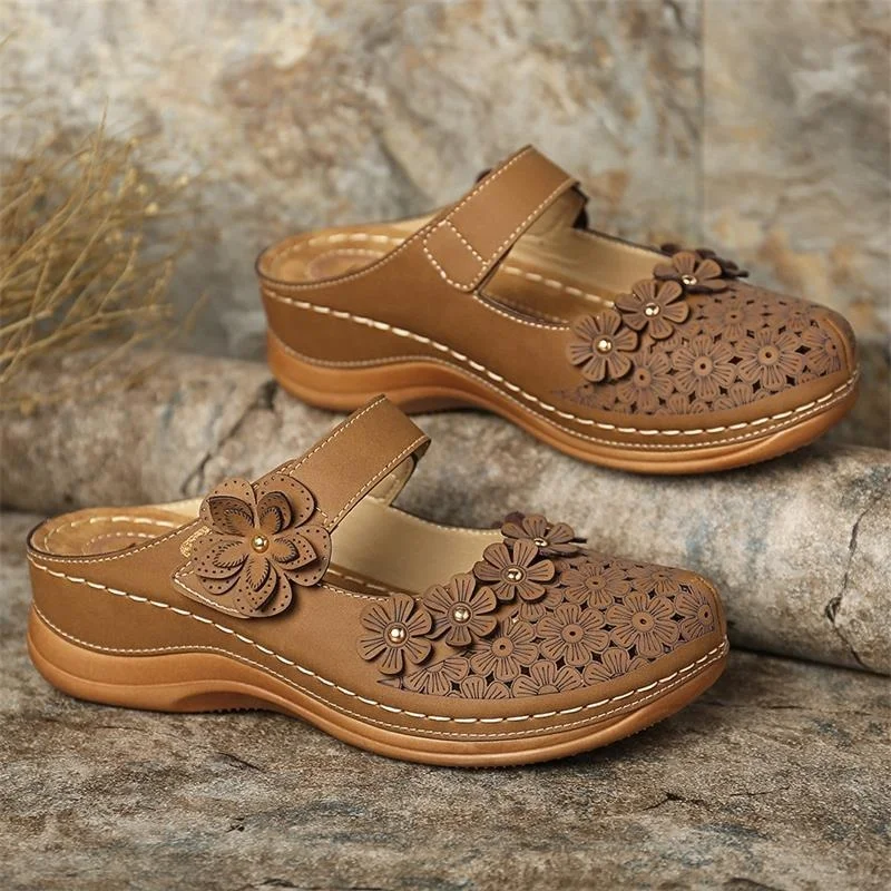 

Сандалии женские на плоской подошве, летние туфли с круглым носком, с перфорацией, с цветочным принтом, Супермягкие тапочки с пряжкой