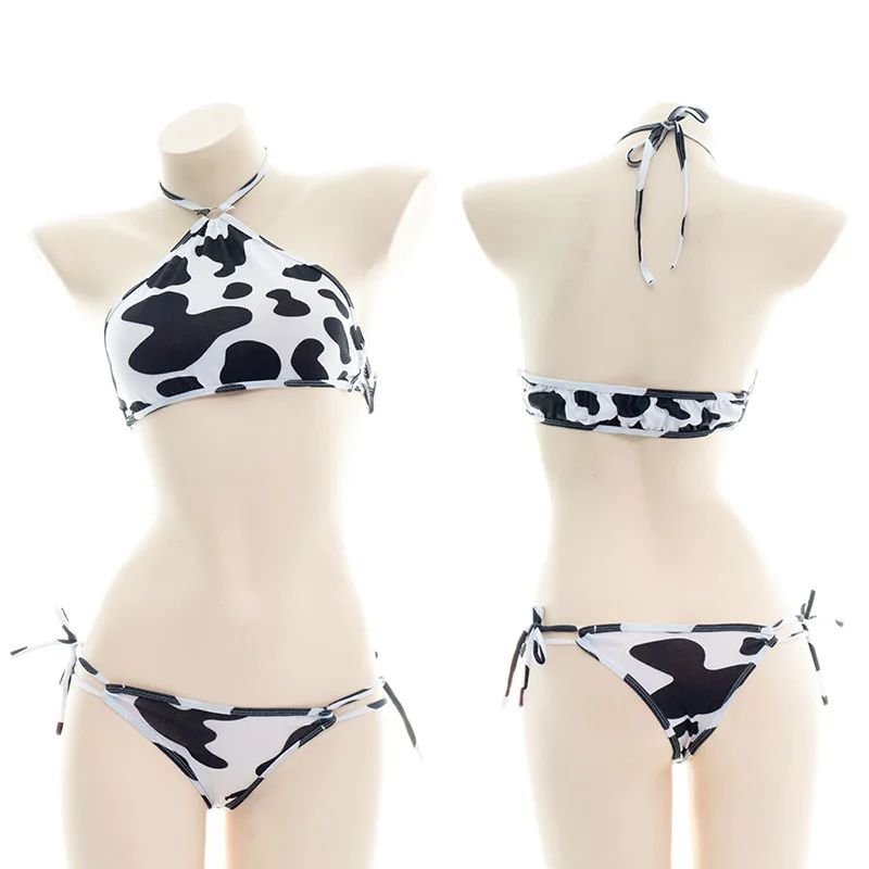 

Women Sexy Cow Maid Cosplay Lingerie Set Cows Halter Ruffles Bikini Unifrom Temptation Costume Kawaii Summer Beach Girl Bra Set