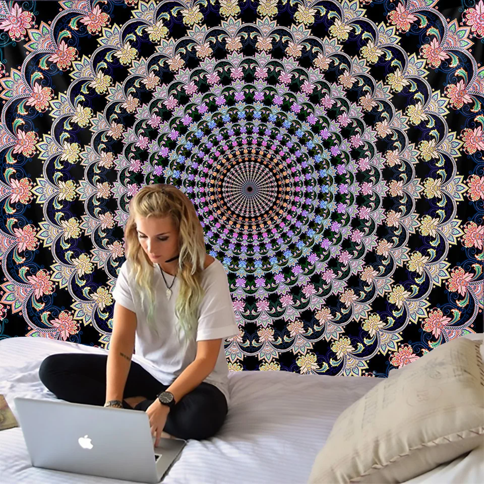 

Mandala Bohemia Decor Wall Hanging Tapestry Floral Boho Decor Fabric Mat Travel Wall Blanket Ethnic Carpet Thin Circle Home Dorm