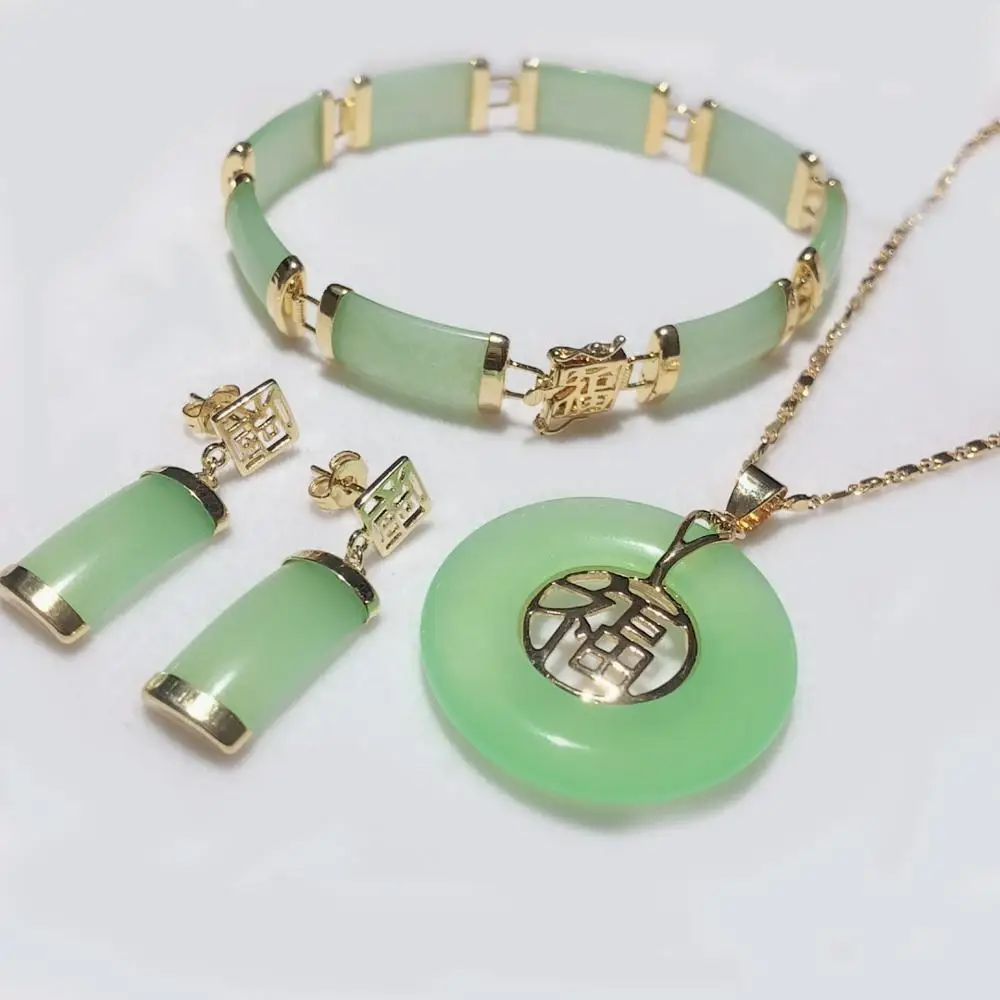 

noble light green Natural Stone bracelet7.5", square earings, and pendant for Christmas and valentine's day gift