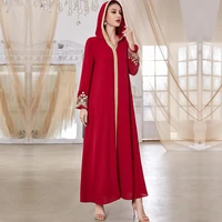hooded elegant maxi dress long sleeve gold thread embroidery fashion solid color red urban ethnic morrocan kaftan dress 2022