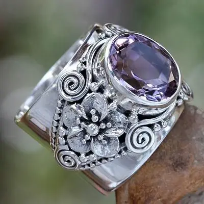 

2022 New European and American Retro Personality Amethyst Ring Fashion Temperament Thai Silver Flower Ring Banquet Jewelry