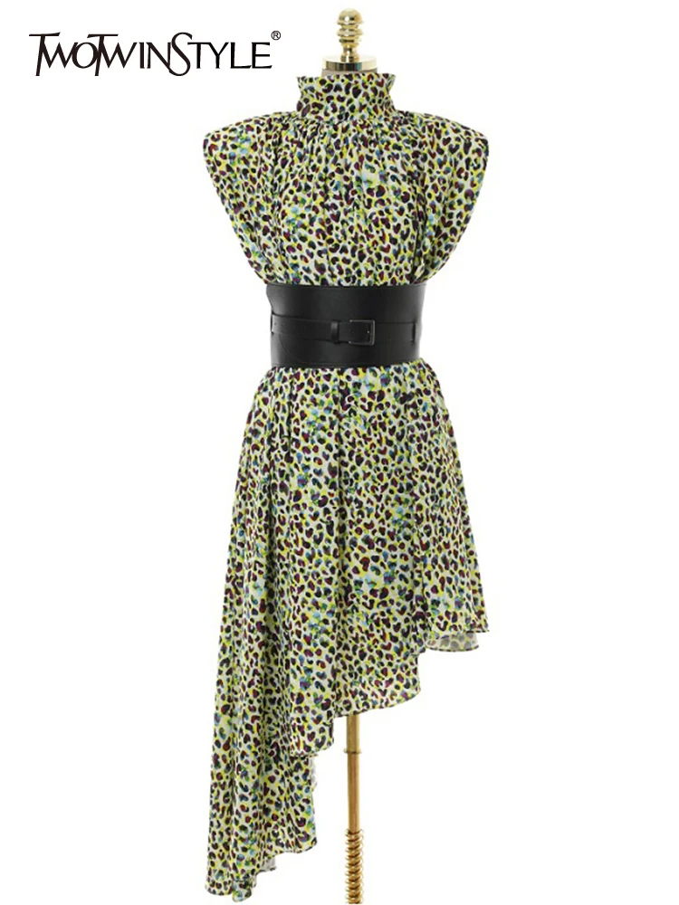 

TWOTWINSTYLE Print Colorblock Dress For Women Stand Collar Long Sleeve High Waist Irregular Hem Midi Dresses Female Summer New