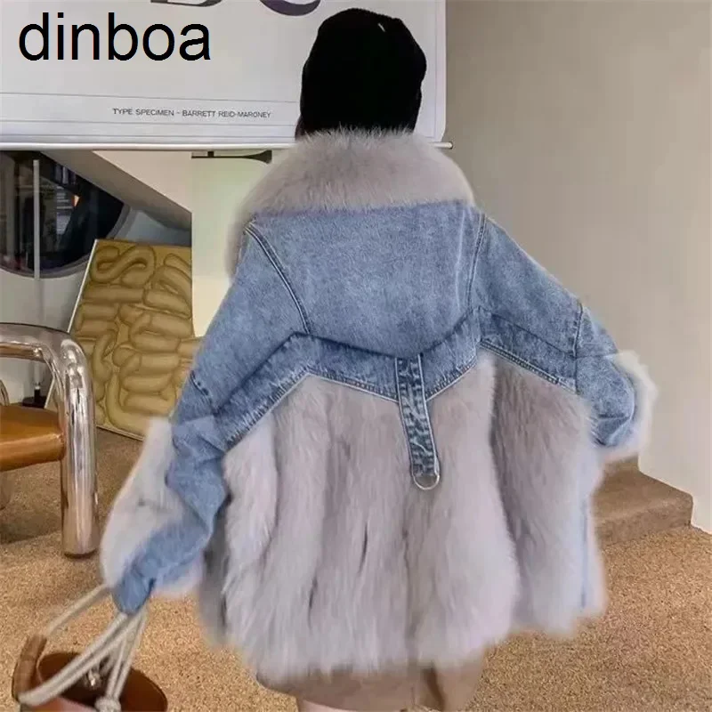 

Dinboa-женская зимняя модная Толстая куртка из искусственного лисьего меха, женские джинсовые пальто в стиле пэчворк, Женская свободная теплая верхняя одежда с длинным рукавом